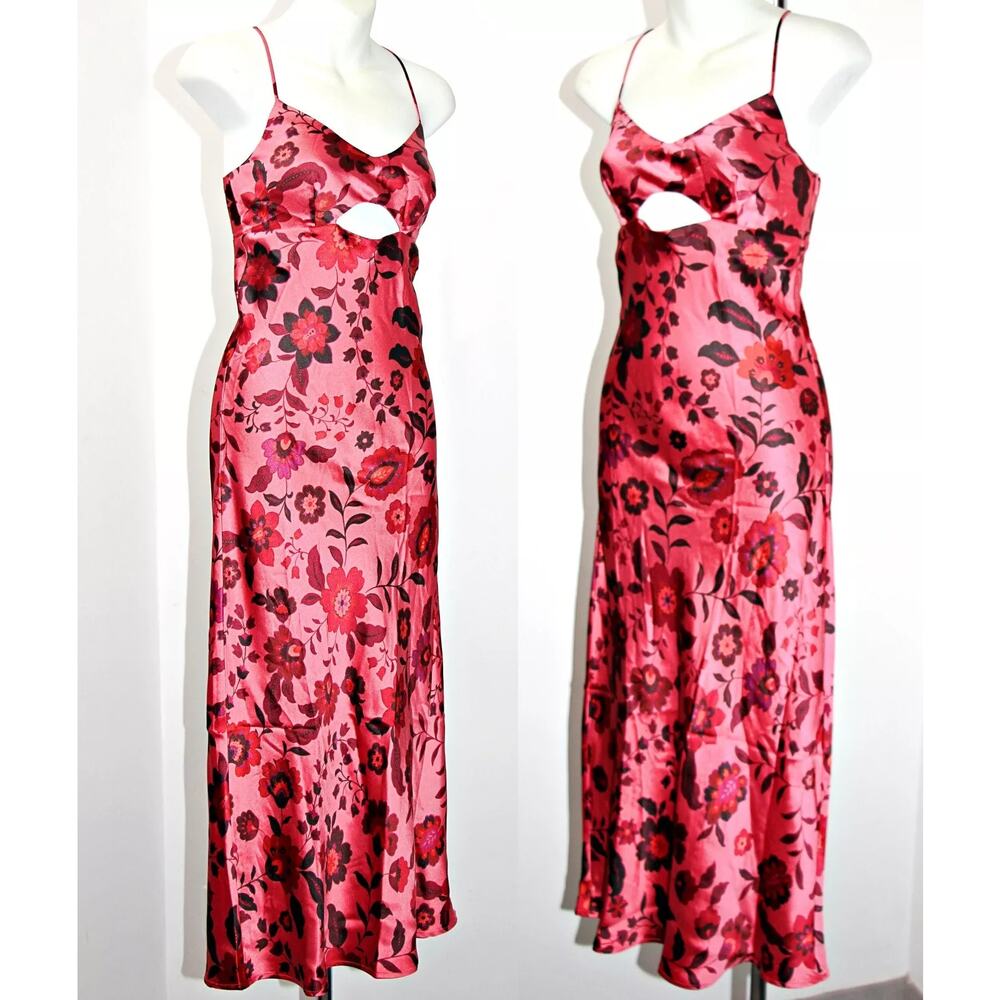 New House of Harlow 1960 Pink Floral Satin Spaghetti Strap Cutout Dress - S